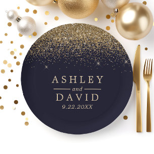 Gold Confetti Navy Blue Moderne Hochzeit Pappteller