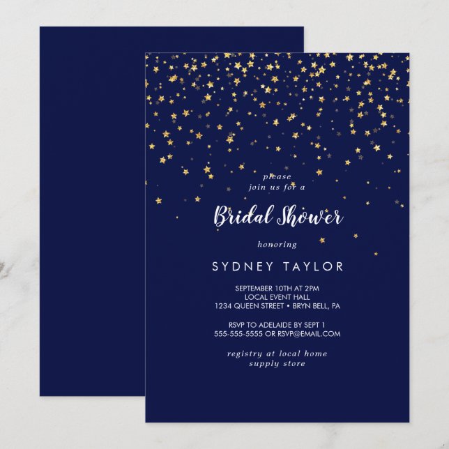 Gold Confetti | Navy Brautparty Einladung (Vorne/Hinten)