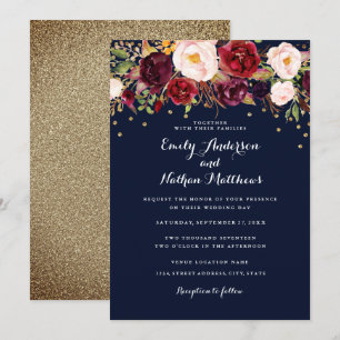 Gold Confetti Navy Burgundy Floral Wedding Einladung