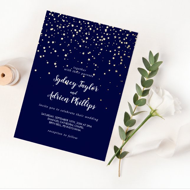 Gold Confetti|Navy Lässig Wedding Gold Folieneinladung (Von Creator hochgeladen)