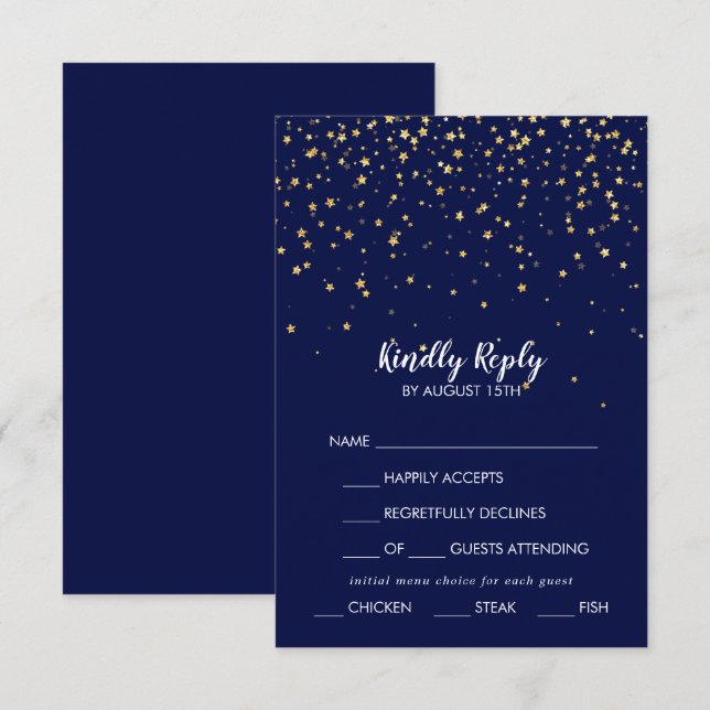 Gold Confetti | Navy Menu Choice Wedding RSVP Card (Vorne/Hinten)