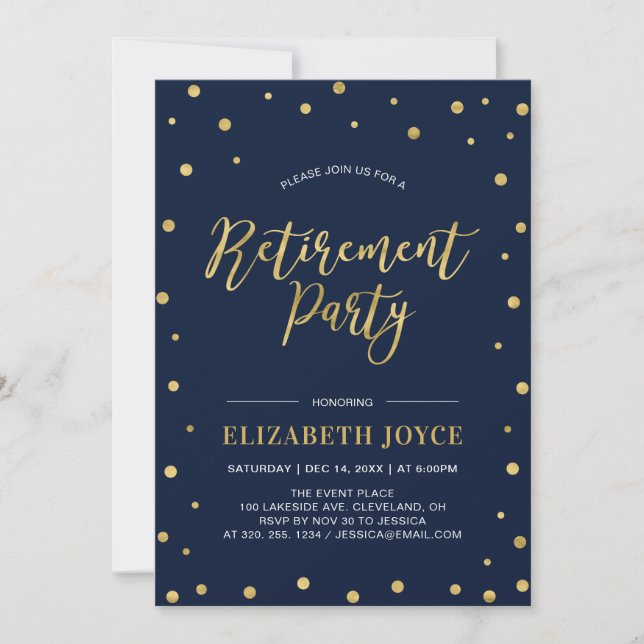 Gold Confetti & Navy | Modernes Party für die Alte Einladung (Vorderseite)