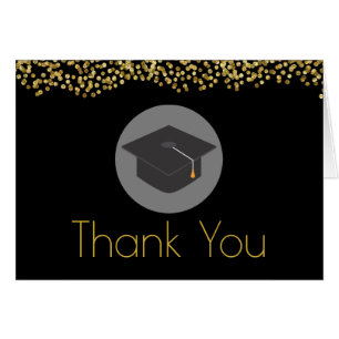 Gold Confetti on Black with Graduation Cap Thanks