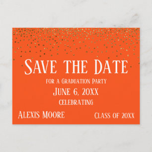 Gold Confetti Orange Abschluss Save the Date Postkarte