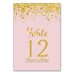 Gold Confetti   Pastellrosa Tischkarte Tischnummer