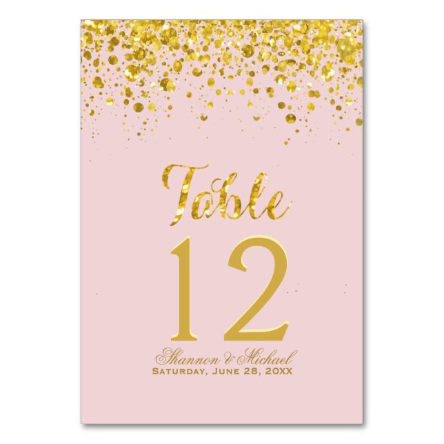 Gold Confetti | Pastellrosa Tischkarte Tischnummer (Vorderseite)