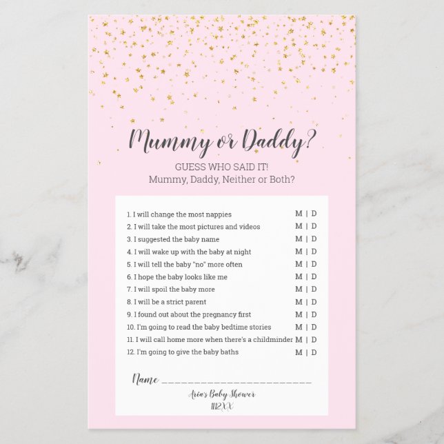 Gold Confetti Pink Baby Showmama oder Daddy Game Flyer (Vorne)