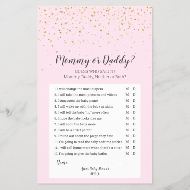 Gold Confetti Pink Babydusche Mommy oder Daddy Gam Flyer (Vorne)