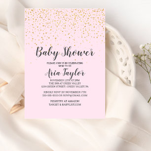 Gold Confetti Pink Calligraphy Baby Dusche Einladung