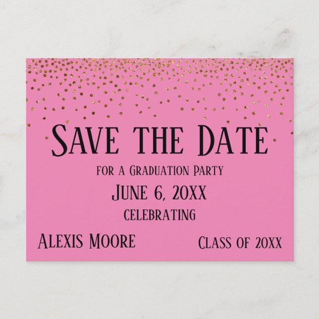 Gold Confetti Pink Graduation Party Save the Date Postkarte (Vorderseite)