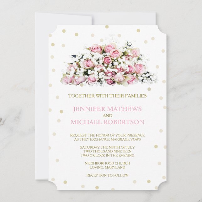 Gold Confetti Pink Roses Babys Atem Einladung (Vorderseite)