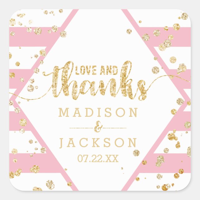 Gold Confetti & Pink Streifen Hochzeit Dank für di Quadratischer Aufkleber (Vorderseite)