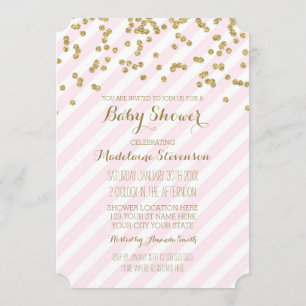 Gold Confetti Pink Stripes Bébé Douche Invitations