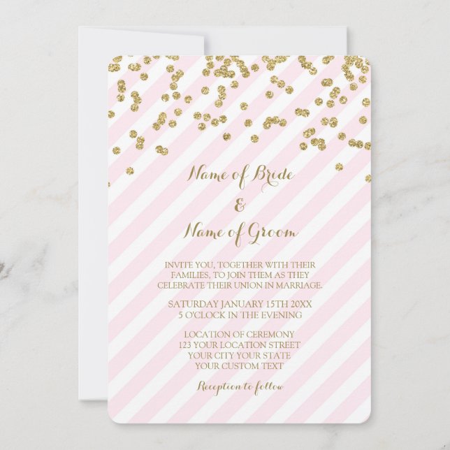 Gold Confetti Pink Stripes Invitations de mariage (Dos)