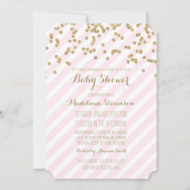 Gold Confetti Pink Stripes Kinderdusche Einladunge Einladung (Rückseite)