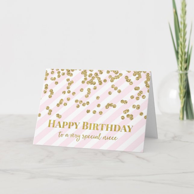 Gold Confetti Pink Stripes Niece Carte Anniversair (Devant)