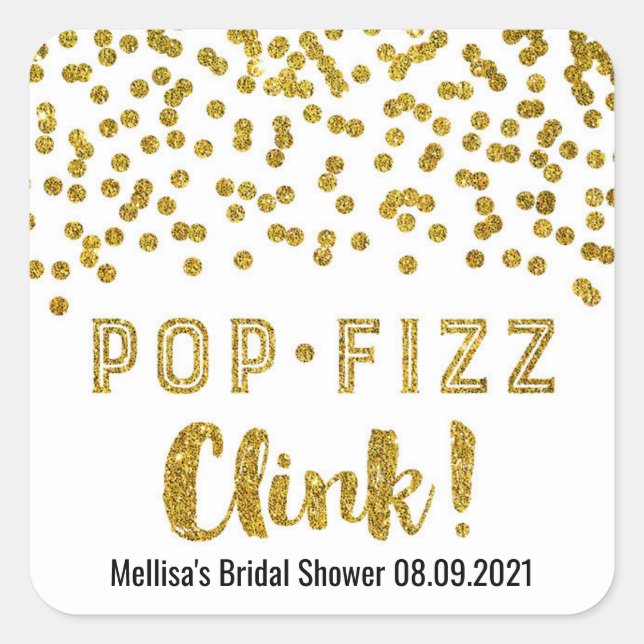 Gold Confetti Pop Fizz Clink Brautparty Quadratischer Aufkleber (Vorderseite)