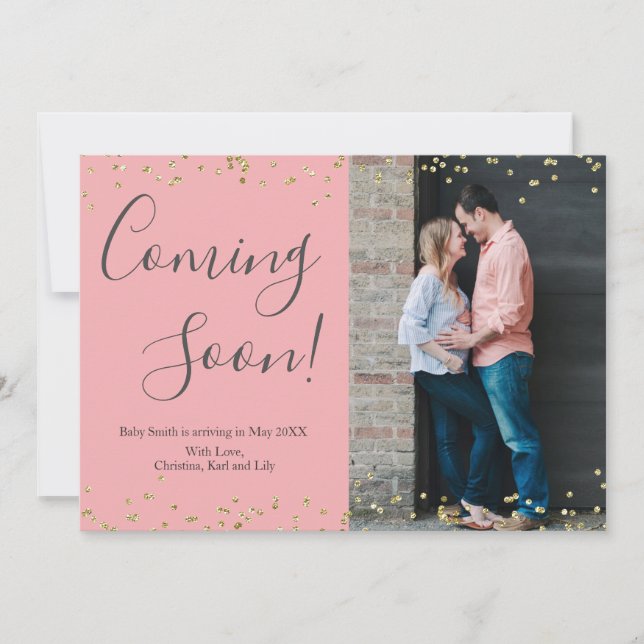 Gold Confetti Pregnancy Announcement Card auf Rosa Ankündigung (Vorderseite)