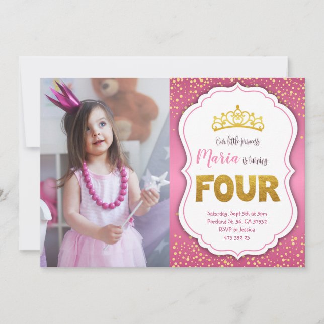 Gold Confetti Princess 4e anniversaire Invitation  (Devant)