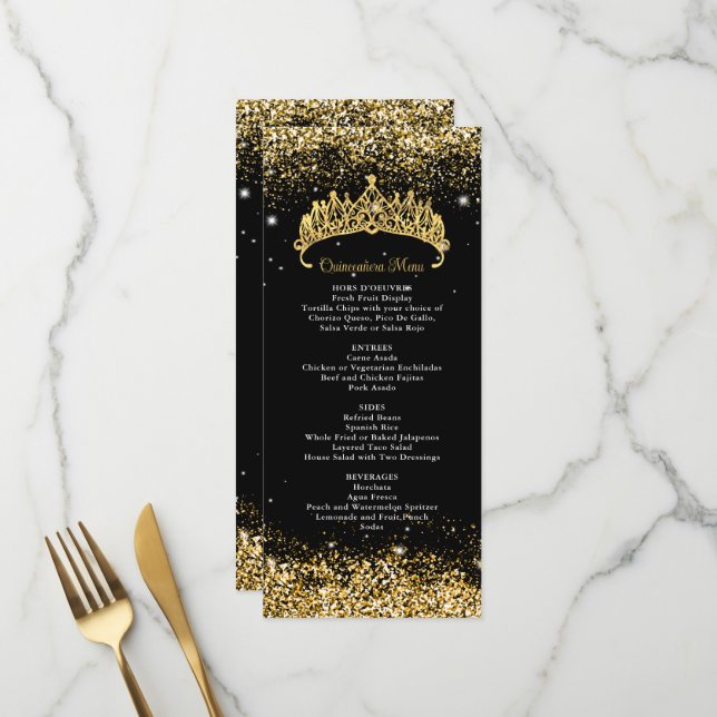 Gold Confetti Quinceanera Tiara Menükarte (Vorderseite/Rückseite Beispiel)