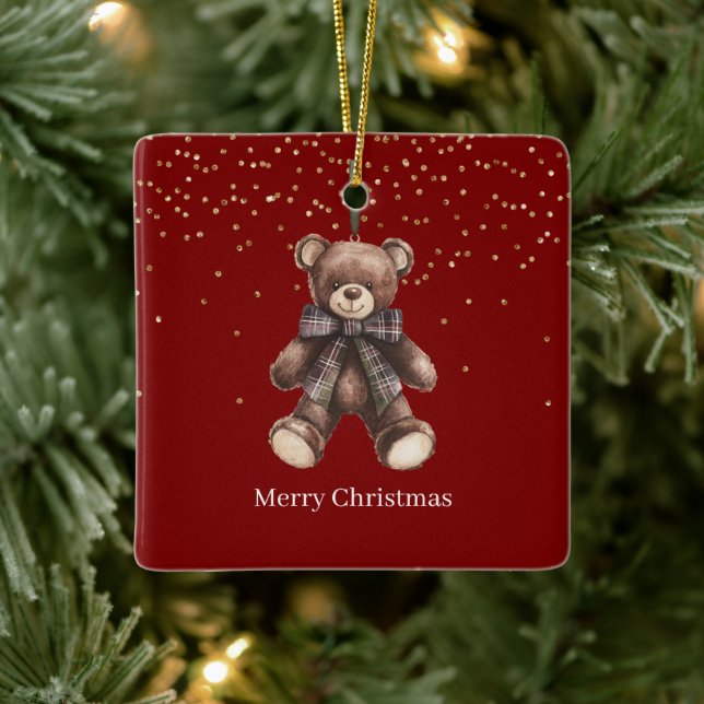 Gold Confetti Red Teddy Bear Christmas Keramikornament (Baum)