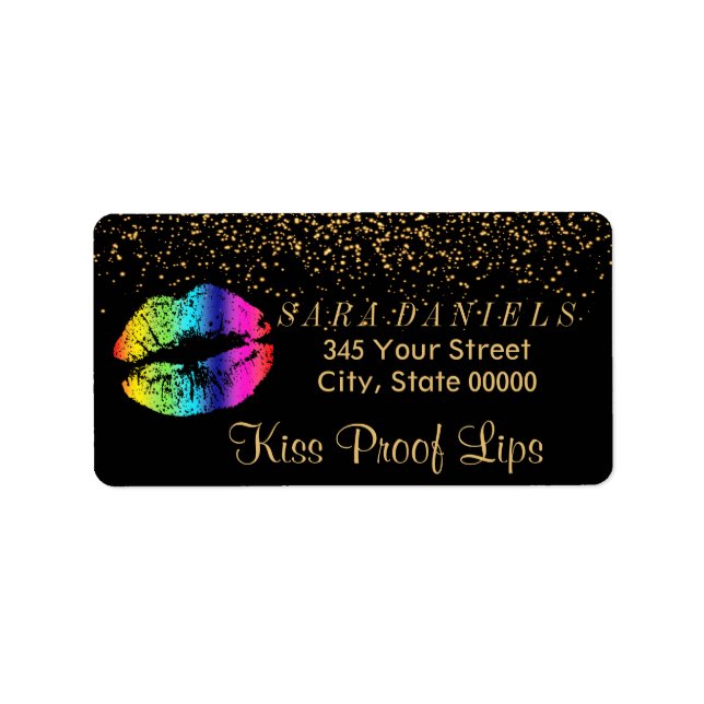 Gold Confetti & Regenbogen Lippen auf dem Schwarze Adressaufkleber (Vorne)