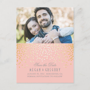 Gold Confetti Rosa Elegantes Foto Save the Date Ankündigungspostkarte