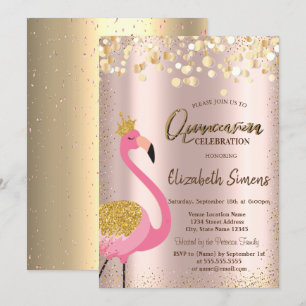 Gold Confetti Rosa Flamingo Rose Gold Quinceañera Einladung