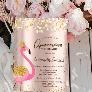 Gold Confetti Rosa Flamingo Rose Gold Quinceañera Einladung