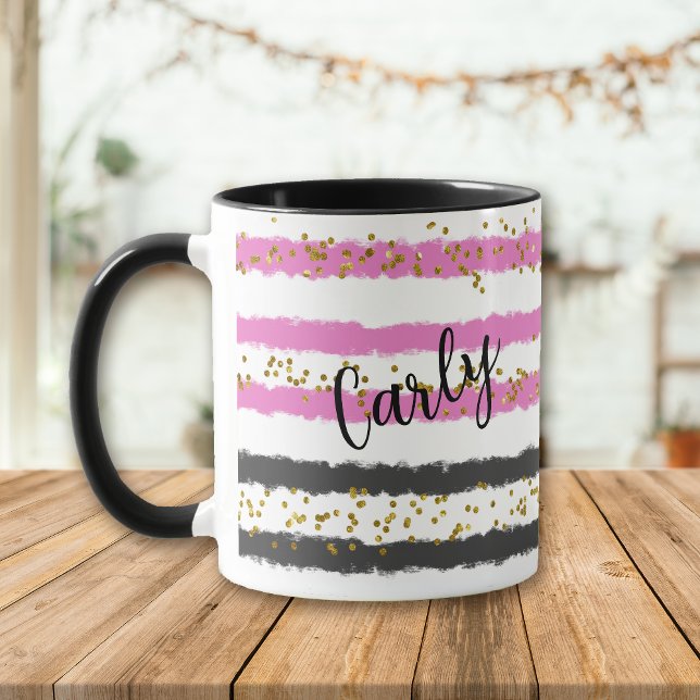 Gold Confetti Rosa schwarze Streifen Name Tasse (Von Creator hochgeladen)