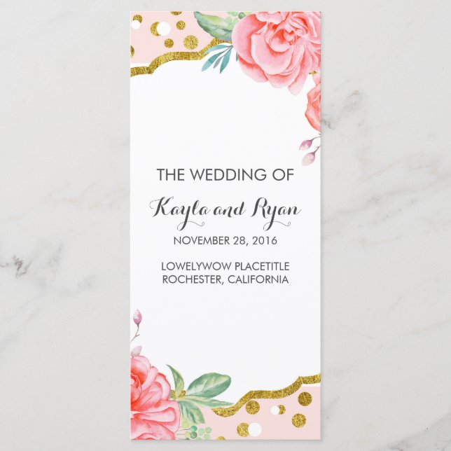 Gold Confetti Rosa Streifen Hochzeitsprogramme Programm (Vorderseite)