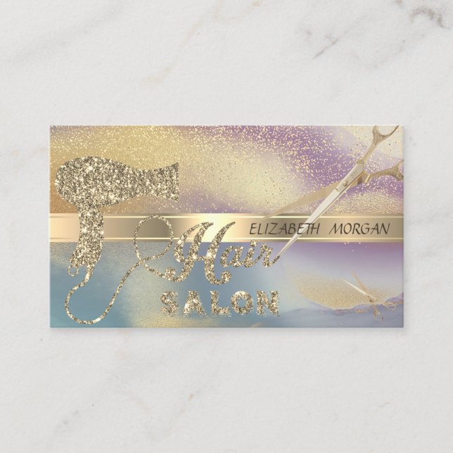 Gold Confetti, Scheren, Haartrockner Glitzer Ombre Visitenkarte (Vorderseite)