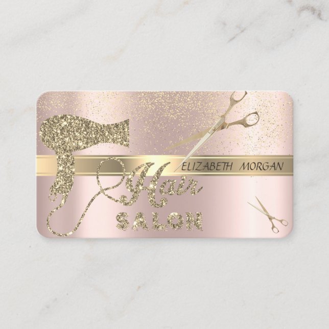 Gold Confetti, Scheren, Haartrockner Rose Gold Visitenkarte (Vorderseite)