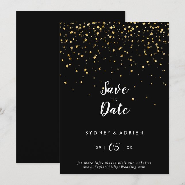 Gold Confetti | Schwarze Hochzeit Datum speichern Save The Date (Vorne/Hinten)