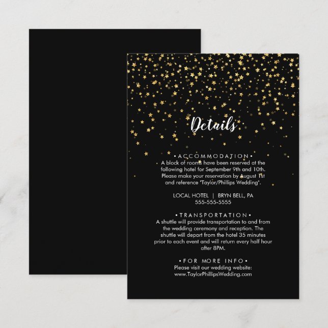 Gold Confetti | Schwarze Hochzeiten Begleitkarte (Vorne/Hinten)
