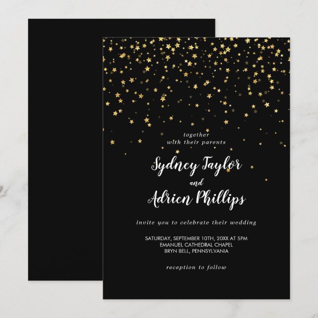 Gold Confetti | Schwarze Lässige Hochzeitseinladun Einladung (Vorne/Hinten)