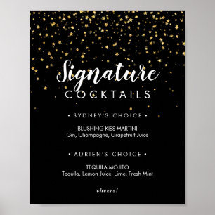 Gold Confetti Schwarze Signatur Cocktails Zeiche Poster