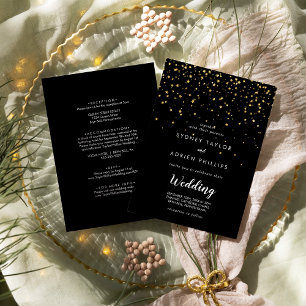 Gold Confetti   Schwarze Vorder- und Rückseite Einladung