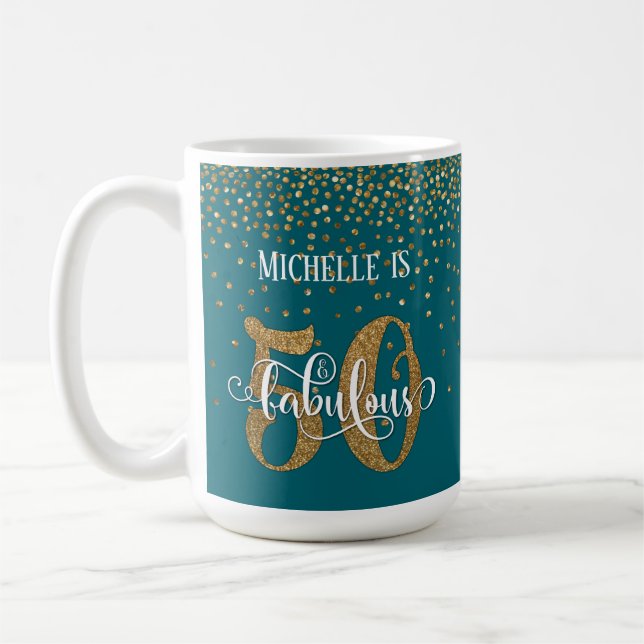 Gold Confetti Script 50 & Fabulous über Aquamarin Kaffeetasse (Links)