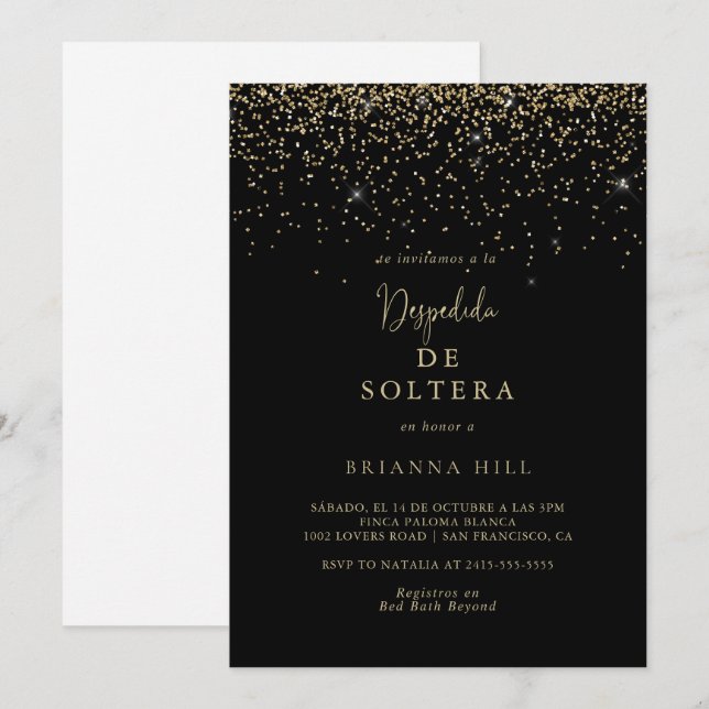 Gold Confetti Script Spanisches Brautparty Einladung (Vorne/Hinten)