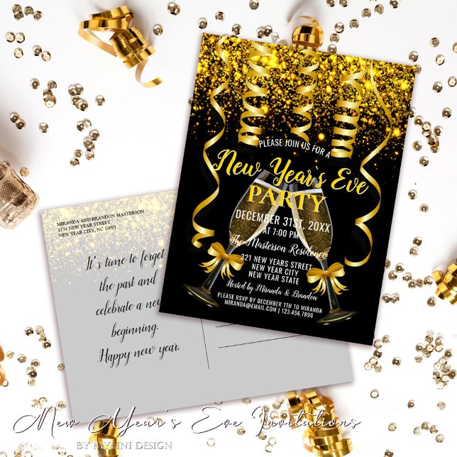 Gold Confetti Silvester Party Einladung Postkarte (Von Creator hochgeladen)