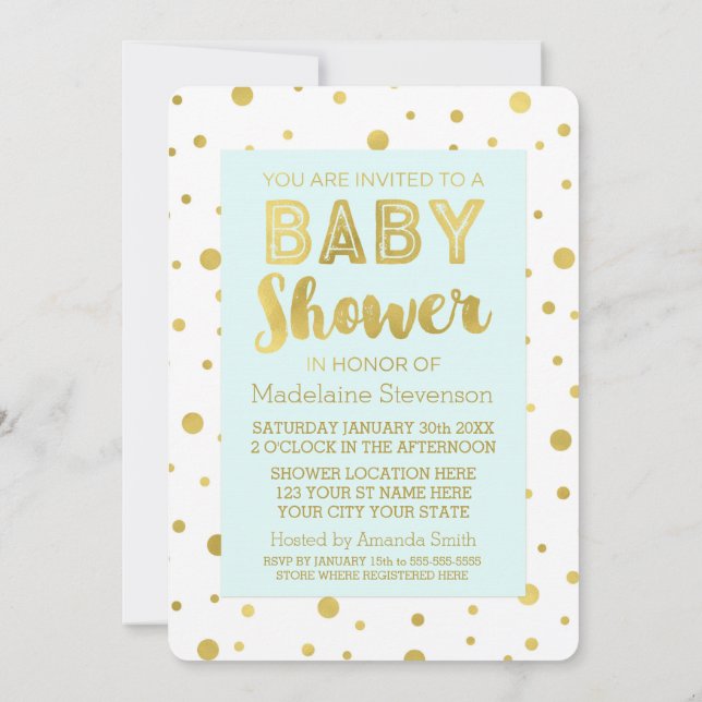 Gold Confetti Sky Blue Baby Shower Invitations (Dos)