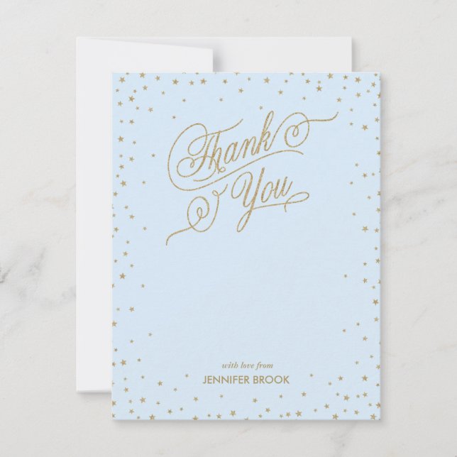 Gold Confetti Stars Carte de remerciements bleue (Devant)