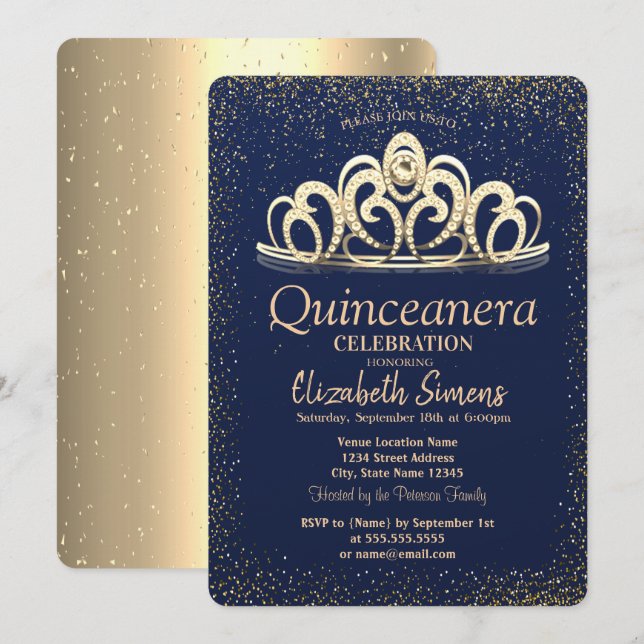 Gold Confetti Tiara Navy Blue Quinceañera Einladung (Vorne/Hinten)