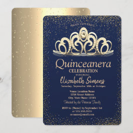 Gold Confetti Tiara Navy Blue Quinceañera Einladung