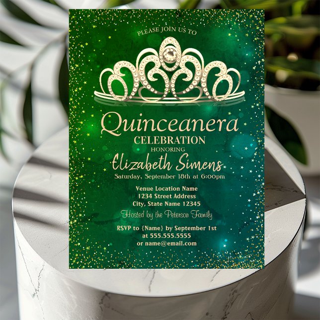 Gold Confetti Tiara Watercolor Green Quinceañera Einladung (Von Creator hochgeladen)