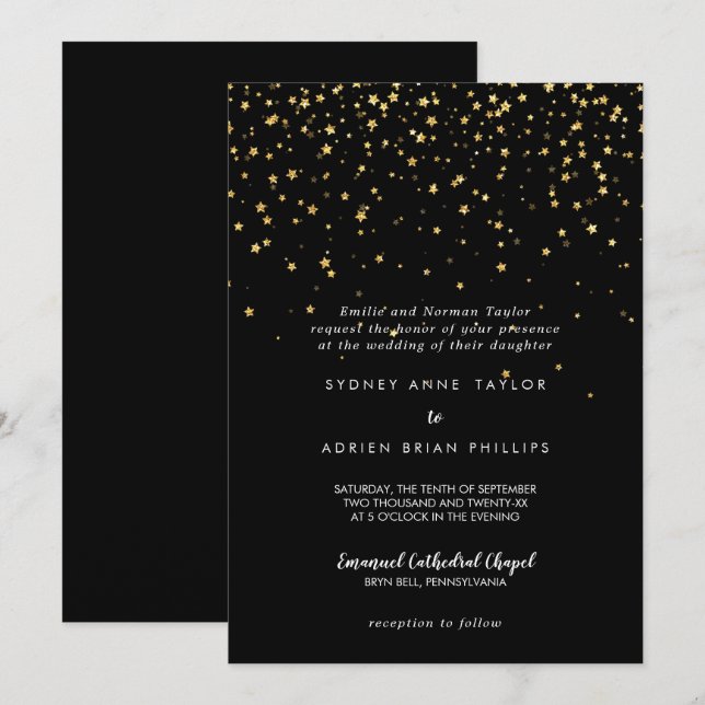 Gold Confetti | Traditionelle Schwarze Hochzeit Einladung (Vorne/Hinten)