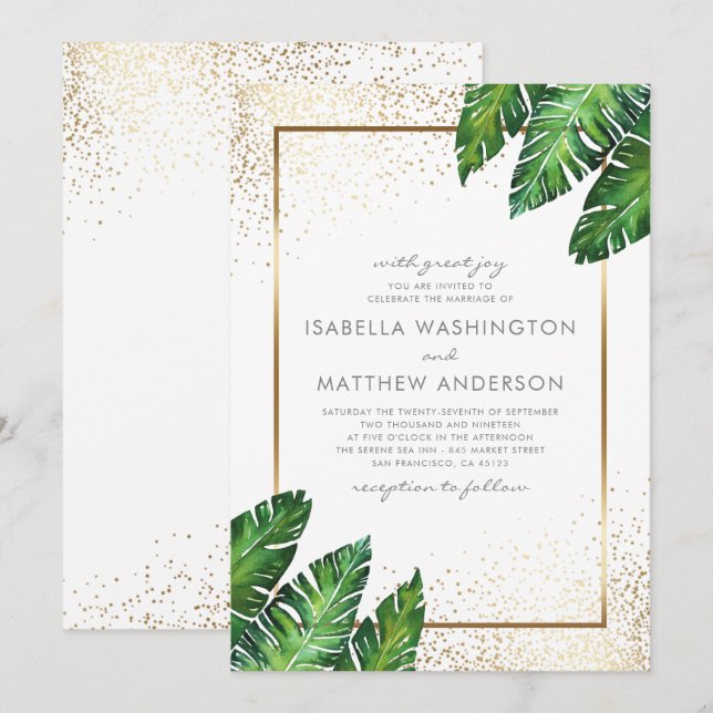 Gold Confetti & Tropical Palm Blätter Hochzeit Einladung (Vorne/Hinten)
