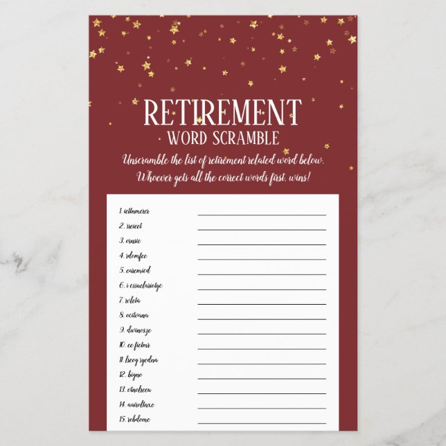 Gold Confetti über Burgundy Rentirement Word Scram Flyer (Vorne)