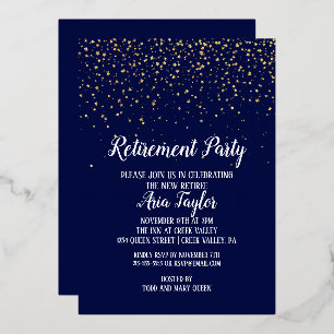 Gold Confetti über das Party Gold des Blue Retirem Folieneinladung
